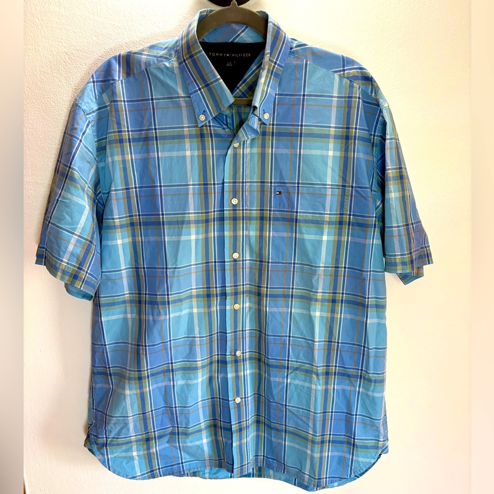 Tommy Hilfiger Blue Plaid Short Sleeve Cotton Button Down Shirt L
